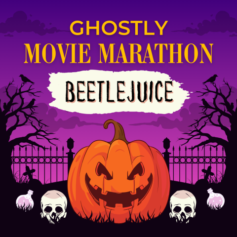 A spooky Halloween scene features a large, carved pumpkin with an eerie grin, surrounded by skulls and a potion bottle. In the background, there are bare trees, crows, and a wrought-iron fence against a purple sky. The text reads "Ghostly Movie Marathon" with "Beetlejuice" highlighted in a torn paper design.