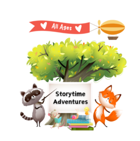 animals by tree with sign stating storytime adventures