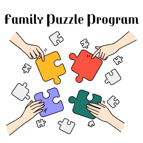 Text says "Family Puzzle Program" with a picture of four hands connecting a puzzle.